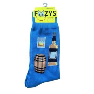 NWT Foozys Blue Novelty Whiskey Barrel Beverage Theme Socks Mens One Size